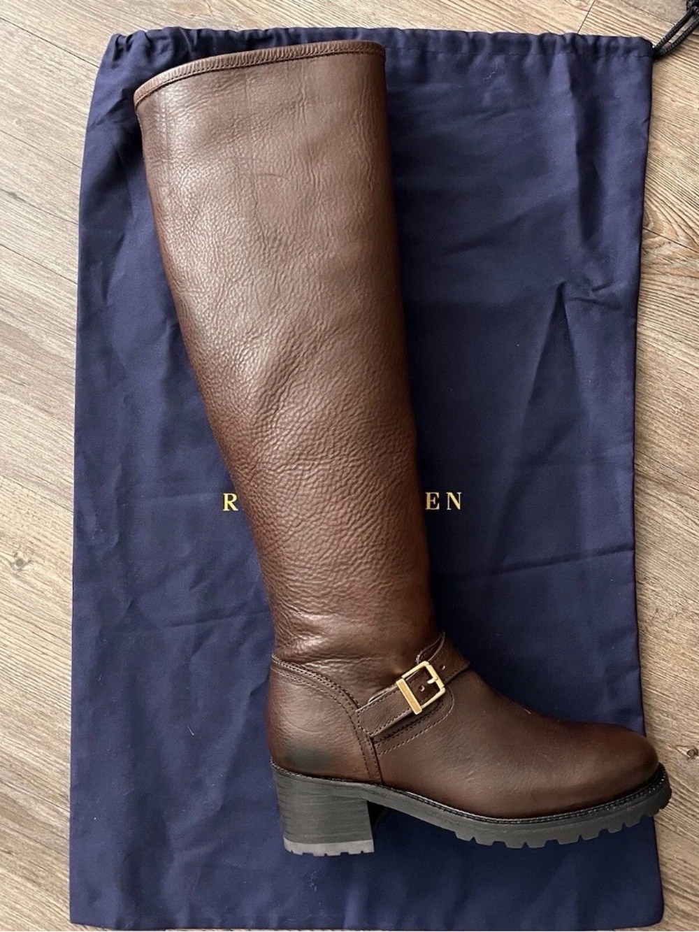 NEW $748 Polo Ralph Lauren Brown Women's Knee High Buckle Heel Leather Boot 8